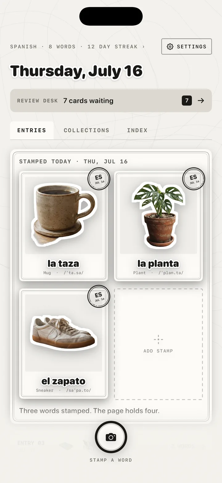 Home journal page with stamped words la taza, la planta and el zapato