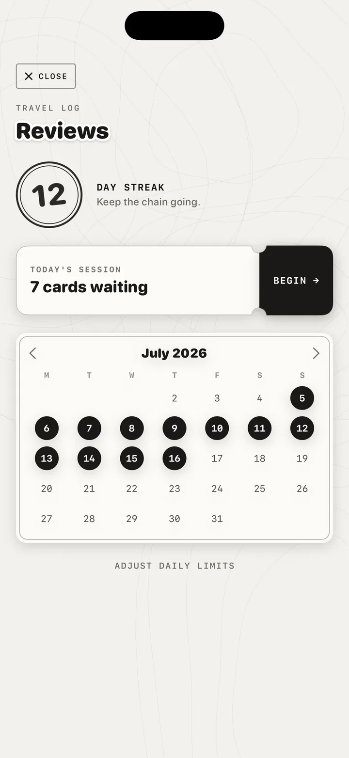 Practice screen with a 12 day streak seal and activity calendar