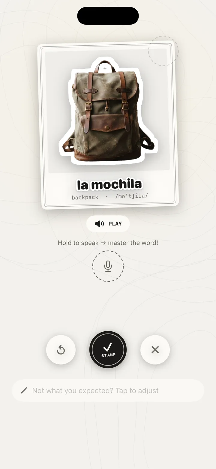 A photographed backpack turned into the Spanish word la mochila, with native audio playback
